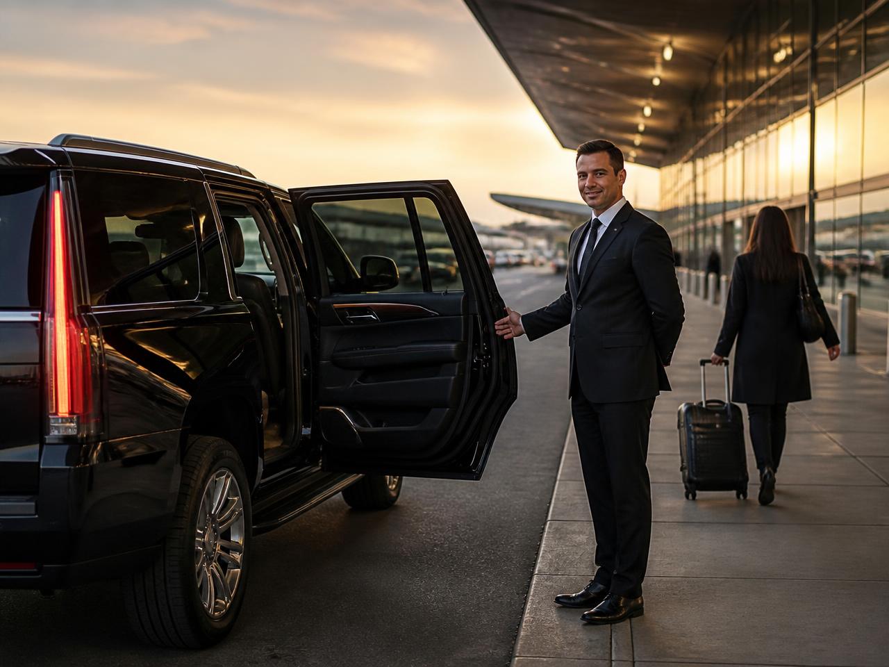 JRB Limousine chauffeur welcoming a passenger beside a black SUV